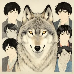 a portrait of a realistic symetrical wolf by shin hanga and kawanabe kyosai and katsuhiro otomo. ukiyo - e shohei otomo and satoshi kon, and greg rutkowski weta studio and lucasfilm, woodblock print, coherent, behance, global illumination, golden ratio, flat colors, thick black outlined,
