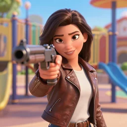 stunning!!! disney woman in a leather jacket in a kids playground pointing an automatic rifle at the lens, disney pixar movie still, high detail, natural light, ray tracing, trending on artstation, 4 k, ultra hd, blu ray