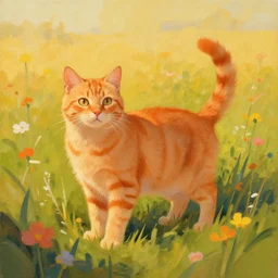 a painting of an orange cat standing in a field of flowers by craig mullins, golden hour, trending on artstation, color field, concept art, artstation hd, matte drawing