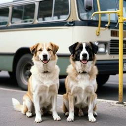 a photo of two dogs sitting in front of the bus, hd award winning photograph, high detailed, 1986 style