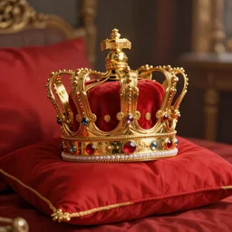 a king's crown on a red pillow,digital art,ultra realistic,ultra detailed,art by greg rutkowski,depth of field