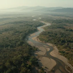 realistic full height cinematic rothko picture stunning dry river delta aerial view highly detailed intricate particle simulation in houdini of dense swampland by denis villeneuve and hiroshi yoshida, hazy morning foggy, distant mountains, hyperrealism, muted moorland colors, matte painting, trending on artstation, 4 k detailed post processing, rendered in octane