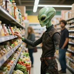 mid shot of an alien dressed by emidio tucci buying groceries at the store, shot by amanda carlson and alex strelkovv, professional photo, masterpiece, very detailed, hyper - realistic, cinematic, 4 k