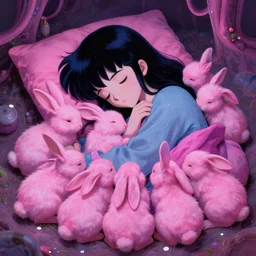 Keeping you sane And you fade away just enough, You felt the edge again, You took two pills And you fell asleep, Hugging six rabbits, And having pink nightmares, concept art, trade on artstation, sharp focus, psychedelic, by Yoshitaka Amano, Mark Ryden, Gloom, Peter Mohrbacher, fantasy art, masterpiece, Hyperrealism. Subsurface scattering. Octane Render. Weirdcore