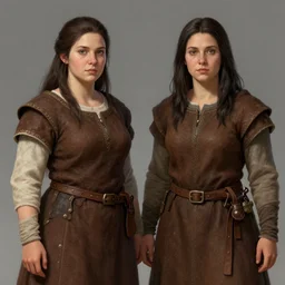 siblings, 2 5 years old women : : dark straight hair : : slightly overweight : : brown medieval cloting, natural materials : : high detail, digital art, illustration, realistic