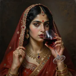 portrait painting of a nepali female drinking red wine, ultra realistic, concept art, intricate details, eerie, highly detailed, photorealistic, octane render, 8 k, unreal engine. art by artgerm and greg rutkowski and alphonse mucha
