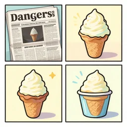 a four panel comic strip on the dangers of ice cream, newspaper, magazine