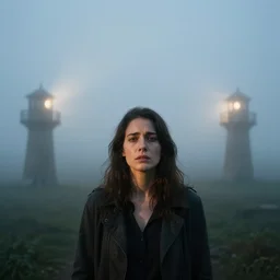 a cinematic wideangle portrait of an emotional woman, fog filled, spotlights shine down from the watchtowers, perfectly lit face, ultra realistic, depth, beautiful lighting