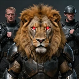 tactical armor, anthropomorphic lion, lion face, neon red eyes, masterpiece, by donato giancola and greg rutkowski and wayne barlow and zdzisław beksinski, realistic face