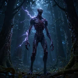 A tall skinny horrifying creature coming out of the dark woods at night, 3d, 3-dimensional, multiverse, realistic, cinematic, full hd render, 3d octane render, unreal engine 5, redshift render, immense detail, interdimensional lightning, enhanced quality, 4k UHD
