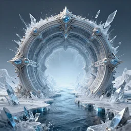 80s futuristic hyperdimensional portal, desolate, ice shards, river:: by beeple and James Gilleard and Justin Gerard :: ornate, dynamic, particulate, intricate, elegant, highly detailed, centered, artstation, smooth, sharp focus, octane render, 3d