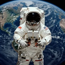 An astronaut in a fetal position with the Earth behind him, NASA archival photo