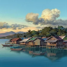 pulau ketam fishing village, highly intricate matte painting, summer evening, by hayao miyazaki