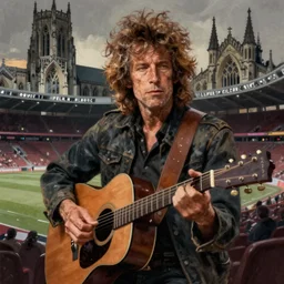 character portrait of a rugged bob dylan playing his guitar in the fullham. f. c stadium, gothic, john singer sargent, muted colors, moody colors, illustration, digital illustration, amazing values, art by j. c. leyendecker, joseph christian leyendecker, william - adolphe bouguerea, graphic style, dramatic lighting, gothic lighting