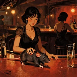 a biped lady rat is working at the bar of a 4 0 s jazz club, warm color palette, night time, dramatic lighting, noir film, character sheet, fine details, high contrast, blacksad, kim jung gi, greg rutkowski, trending on artstation, 8 k, front view, back view, ultra wide angle