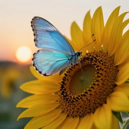 hyperrealism portrait a beautiful light blue butterfly perched on a sunflower, in the background there is a beautiful sunset