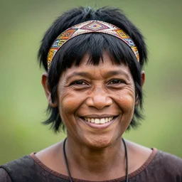 award winning photograph of a smiling female neanderthal with short haircut and beautiful headband, vivid color, f 1. 8, cannon, nikon, national geographic