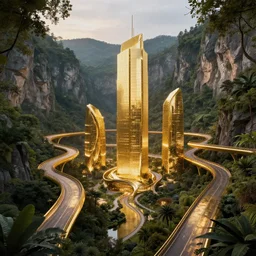 futuristic shinny golden building in mountain jungle cityscape and surrounded by sculpted roads, golden buildings bridges with overgrown vegetation at las medulas caves of el bierzo, golden buildings by santiago calatrava and zaha hadid, glowing reflections, at dusk, octane render redshift unreal engine, composition by by saul bass and mike mignola