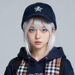 highly detailed portrait of a korean sewer punk lady student, blue eyes, burberry hoody, hat, white hair by atey ghailan, by greg tocchini, by kaethe butcher, gradient pink, black, brown, cream and light blue color scheme, grunge aesthetic!!! ( ( graffiti tag wall, plain white background ) )