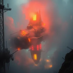 the cyberpunk spaceship emerges from the fog, weathered metal, neon lights, atmospheric lighting, golden hour, intricate painting by greg rutkowski, rhads, ferdinand knab, makoto shinkai, daytoner, ilya kuvshinov, ruan jia, tom bagshaw
