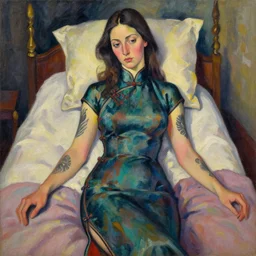 a beautiful painting madonna hippop, cheongsam, bed black tattoos, by amedeo modigliani by picasso octane render realistic oil painting