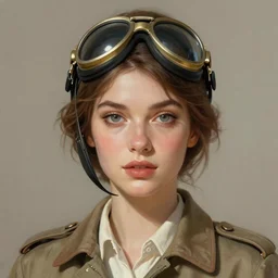 Portrait of a charming lady pilot, gorgeous eyes, intricate, elegant, highly detailed, digital painting, artstation, concept art, smooth, sharp focus, illustration, art by Artgerm and Greg Rutkowski and Alphonse Mucha