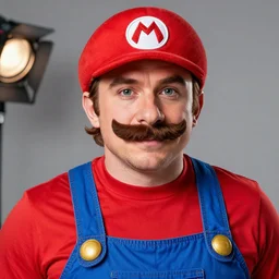 chris pratt with a mustache dressed as mario, cosplay, detailed face, promo shoot, studio lighting