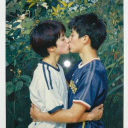 in the style of a lit with a bright flash that gives the young subjects the appearance of having been the unsuspecting subjects of late - night polaroid snapshots, a young japanese couple with sport team jerseys on, in a natural kiss embrace, by, ashley wood, yoji shinkawa, 6 0's french movie poster, french impressionism, vivid colors, palette knife and wide brush strokes