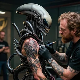 Xenomorph XX121 getting a tattoo from Gary Woods in New Plymouth. james gurney, james jean, greg rutkowski, anato finnstark. hyper detailed, 50mm, cinematic indoor lighting volumetric