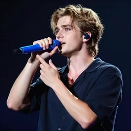 a handsome young man with sandy brown hair and blue eyes singing into a neon blue microphone headset posing on stage. dynamic!! pose. gesture drawing. concert. cinematic lighting. wide shot photorealistic. hyper realism. ray tracing hdr. intricate detailed masterpiece. by bouguereau and shigenori soejima. lifelike.