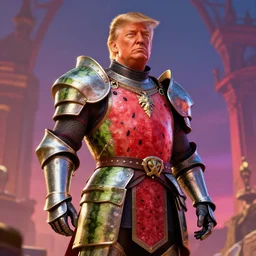 donald trump as a knight in watermelon armor, fantasy artwork, gothic, vibrant color palate, trending on artstation, unreal engine, octane render, volumetric lighting, gta 5