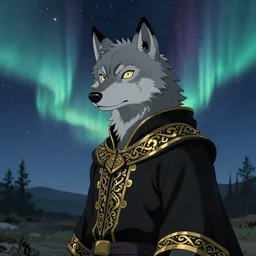 a grey anthro furry male wolf character, wearing a majestic black tunic with a gold pattern, looking at viewer, profile picture, trending on artstation, in front of a starry aurora night