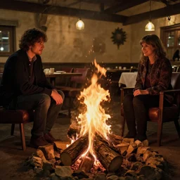 man and a log fire on a date in a restaurant