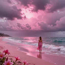 pink beach, volumetric lighting, highly detailed, by greg rutkowski, complementing colors, god looking at me, heavy rainy, lofty heavens, water reflection, flowers, hyper realistic, concept art, 8 k detail post - processing