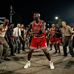 night photograph of michael jordan in the thriller music video, outdoors, in the street, at night, dancing, zombies, wide shot