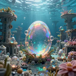 Vivid ultra realist and ultra intricate detailed 3d render of an underwater environment, ruins, translucid eggs, bubbles, elegant, reflections, focus, volumetric water, rainbow lighting, award winning, trending in cgsociety artstation deviant art, octane render, by Beeple