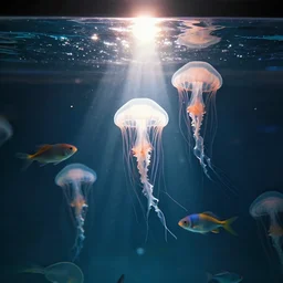 an aquarium room where suspicious fishes are visible, cinematic lighting, sun, jellyfishes, glass, reflection, trending on artstation, glare
