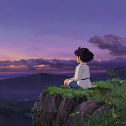 a girl sitting on a grassy cliff watching a purple sunset, wide shot, art by hayao miyazaki, studio ghibli film, hi res, 4k