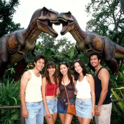 bachelorette party posing with dinosaurs at Jurassic Park, photo 1998