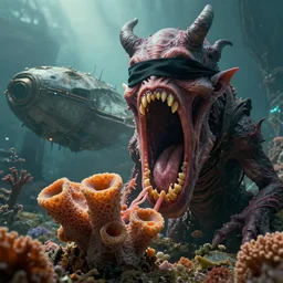 by wesley burt and basil gogos, visually stunning, cinematic, ultra realistic, hyper realism, 1 2 k, epic, octane render, unreal engine, vfx, maya, exocrine strange looking creature with its mouth open : sponge corals, portrait of a blindfolded demon : an old ancient crashed spaceship