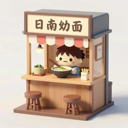 outside view of cute miniature 3 d ramen shop, goro fujita, studio gibli, hayao miyazaki, clean, low poly art, trending on artstation, global illumination, 2 stools