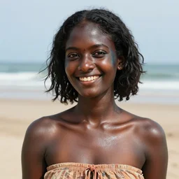 a happy sri lankan girl at the beach with iridescent skin by kehinde wiley