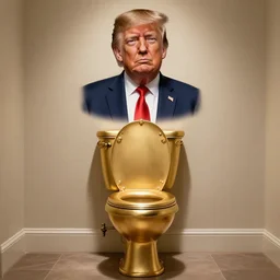 a portrait of donald trump on the wall above an ornate gold toilet, surrealistic, artstation