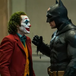 still of Dwayne Johnson as Joker in new Joker film, arguing with Batman