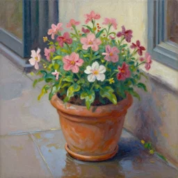 a beautifull intricate oil painting of potted planter with flowers inside sitting on wet sidewalk