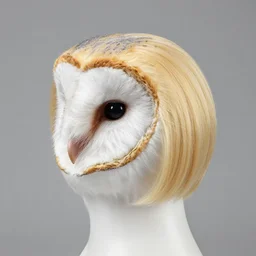 professional photo of a barn owl wearing a blonde wig!!!, short hair wig, wig hair, super saiyan hair wig!!, studio lighting, very detailed, unreal engine, canon photo!!!!, professional lighting, good composition, rule of thirds, winning award photo, real cat, real, swimming pool