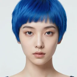 intricate portrait, pure skin, short blue hair, in the style of enki bilal!