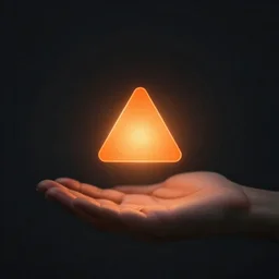 a small glowing orange triangle floating above an open hand, dark lighting