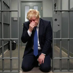 Boris Johnson crying on his knees in a jail cell