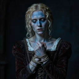 dark portrait, blonde woman in medieval dress, strangled with hand, bluish face, closed eyes, victorian style, high detail